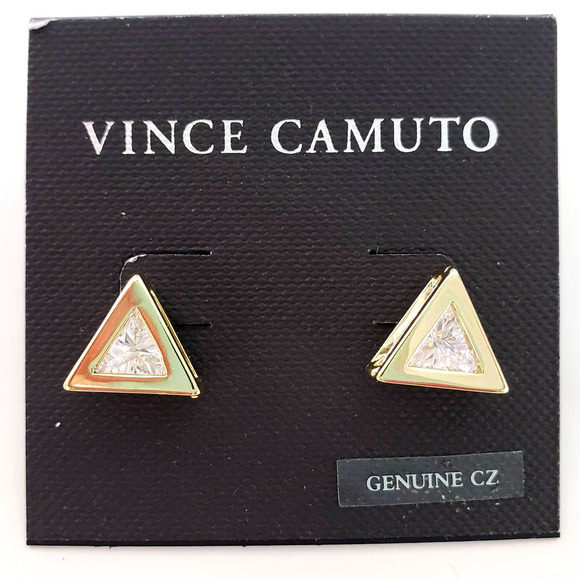 New Vince Camuto Crystal Triangle Cage Post Earrings Gold Clear Tension Backs CZ - Picture 2 of 4